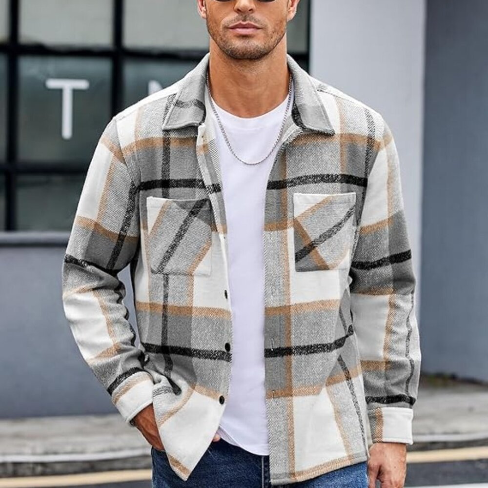 Men's Flannel Shirts Casual Button Down Plaid Shirt Jacket Long Sleeve Fleece